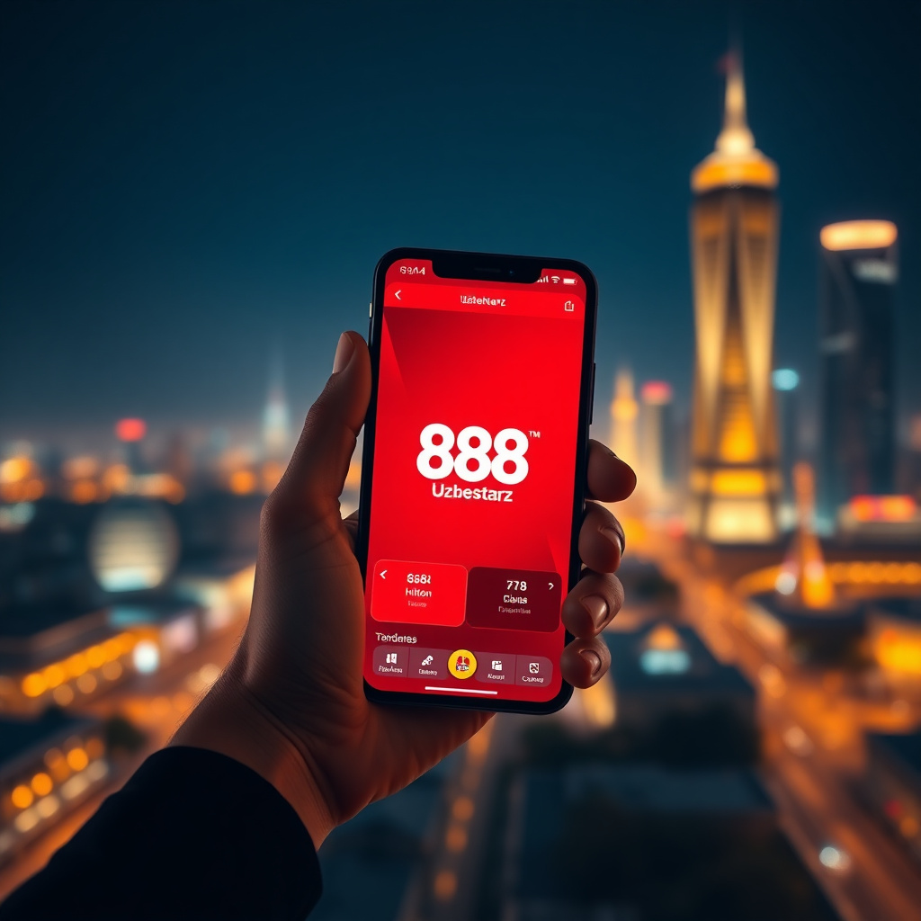 A hand holding a luxury smartphone displaying the official 888starz Uzbekistan app with a sleek red and black interface, background is the Tashkent City skyline with the Hilton and Nest One towers at night, vibrant golden and red bokeh lights, 3D golden c